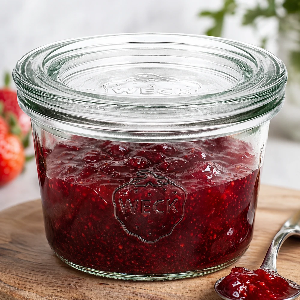Słoik o pojemności 80 ml z szklaną pokrywką WECK RR60 Słoik WECK 80 ml RR60 wypełniony dżemem z czerwonych truskawek pokazuje praktyczne zastosowanie do przechowywania dżemu