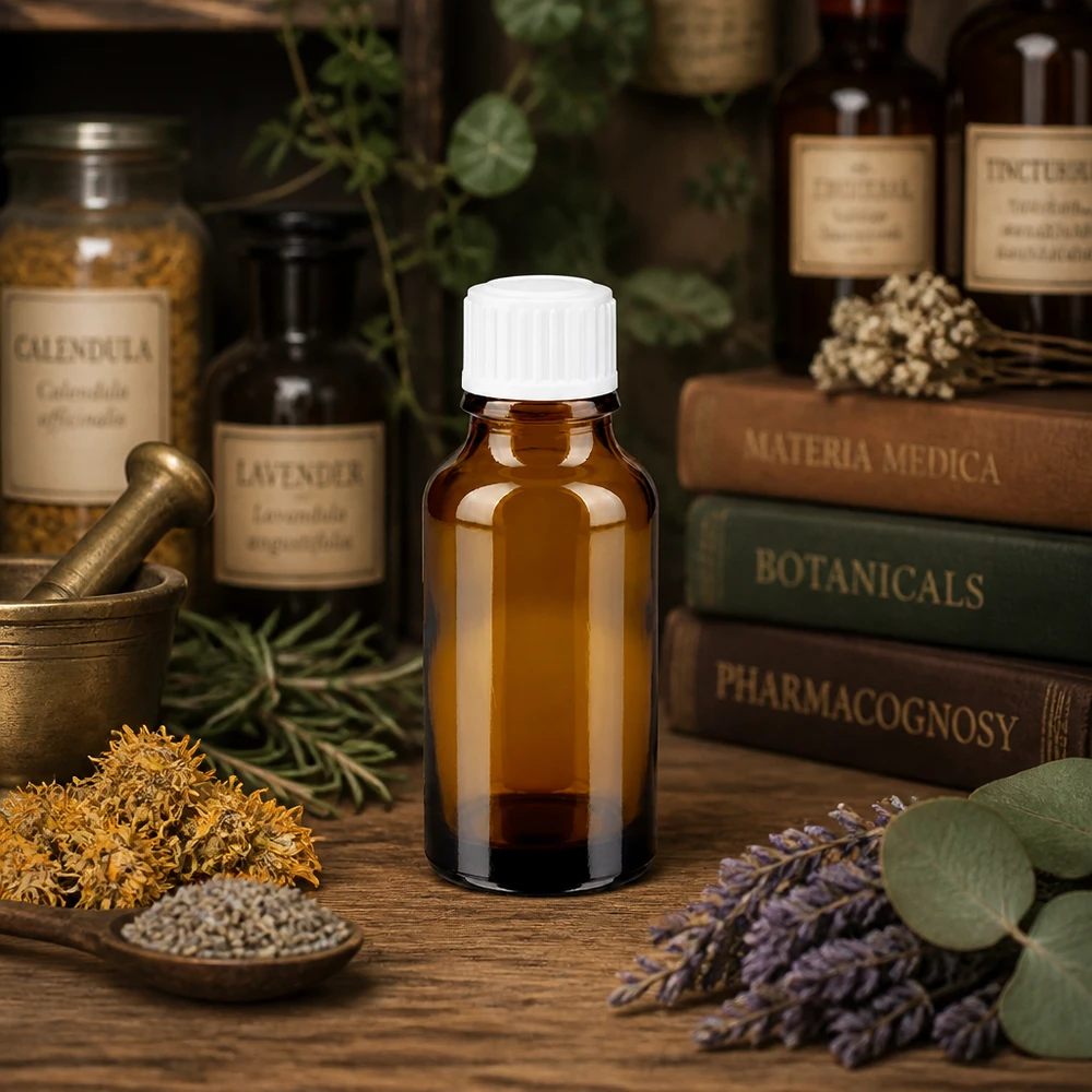 Butelka apteczna brązowa 20ml zakraplacz biały 0,8mm szt. Butelka z kroplomierzem, chroniąca przed światłem, o pojemności 20 ml, wykonana z brązowego szkła, z białym zamknięciem typu STD, przeznaczona do medycyny naturalnej