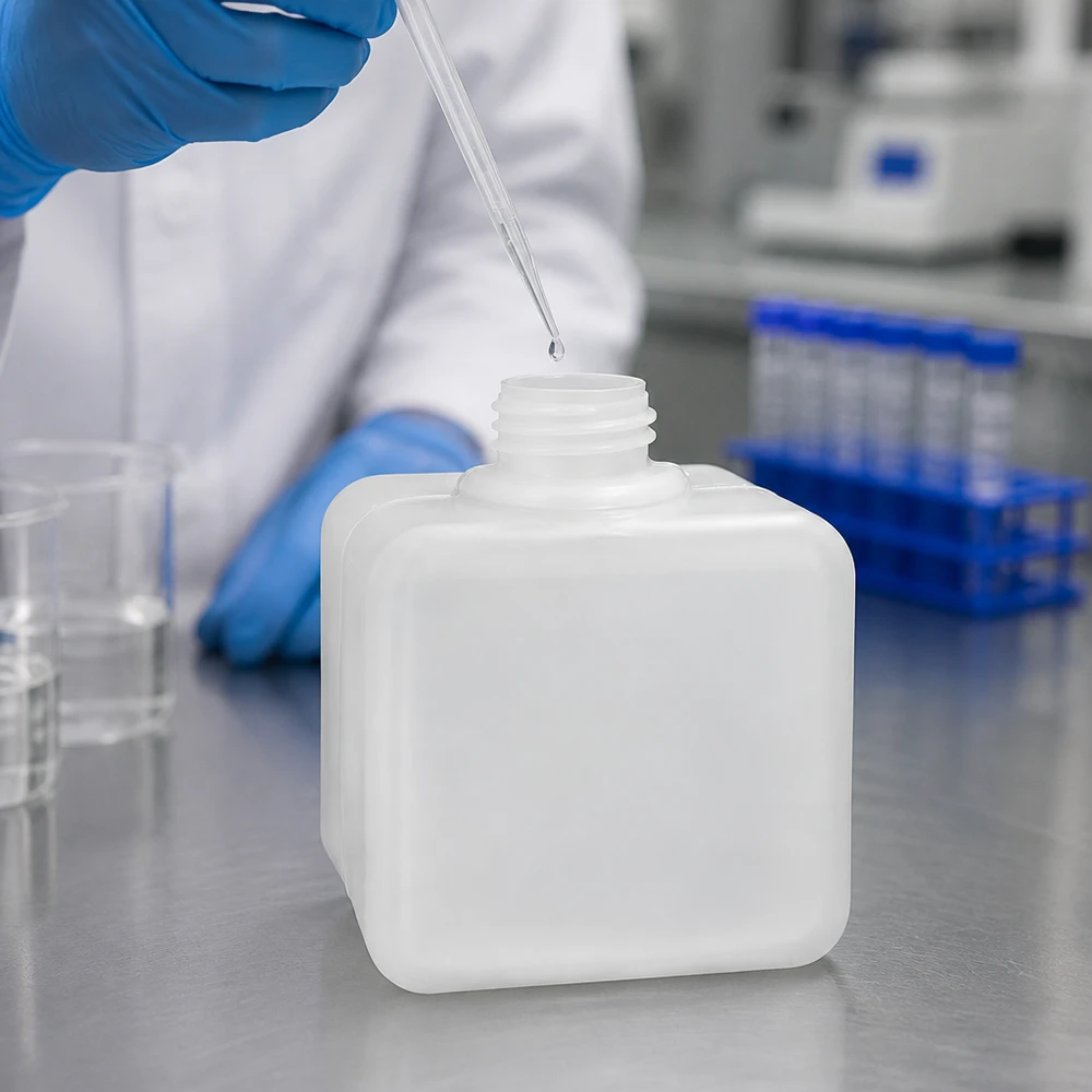 Laborant napełnia pipetą w laboratorium butelkę na chemikalia z PE-HD o wąskiej szyjce, pojemności 500 ml, z gwintem GL32