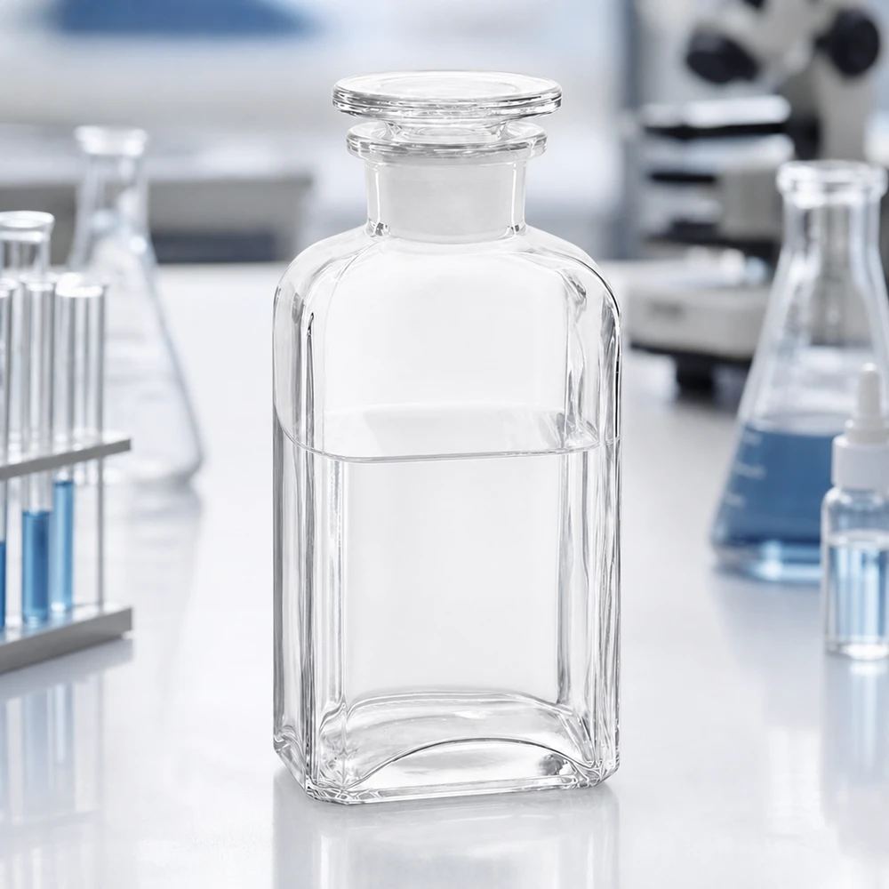 Kwadratowa butelka 250 ml z przezroczystym szklanym korkiem z szeroką szyjką Butelka kwadratowa o pojemności 250 ml, z przezroczystego szkła, z szeroką szyjką i szklanym korkiem, stojąca na stole laboratoryjnym z mikroskopem