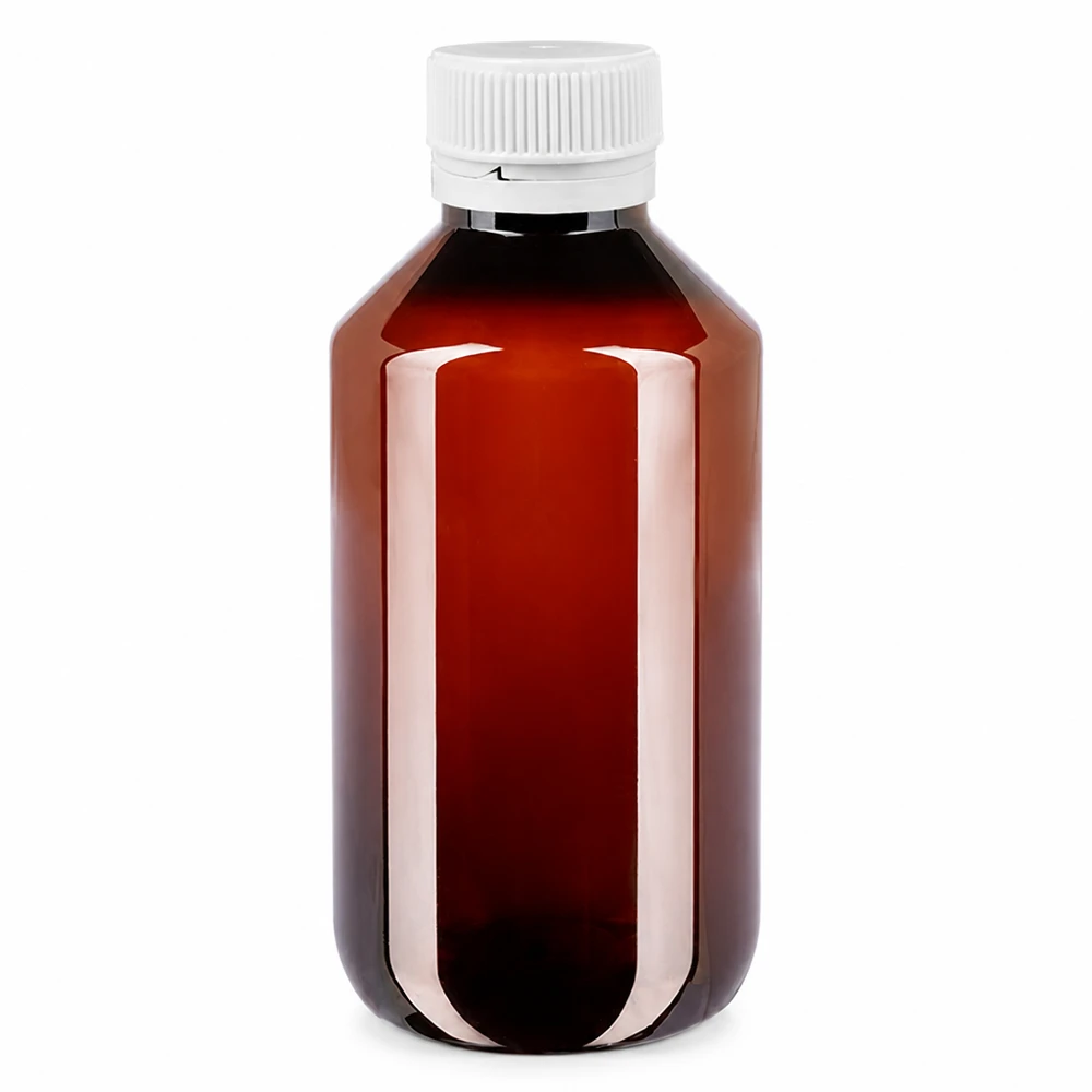 Brązowa butelka PET o pojemności 100 ml z białą, oryginalną, żłobkowaną nakrętką