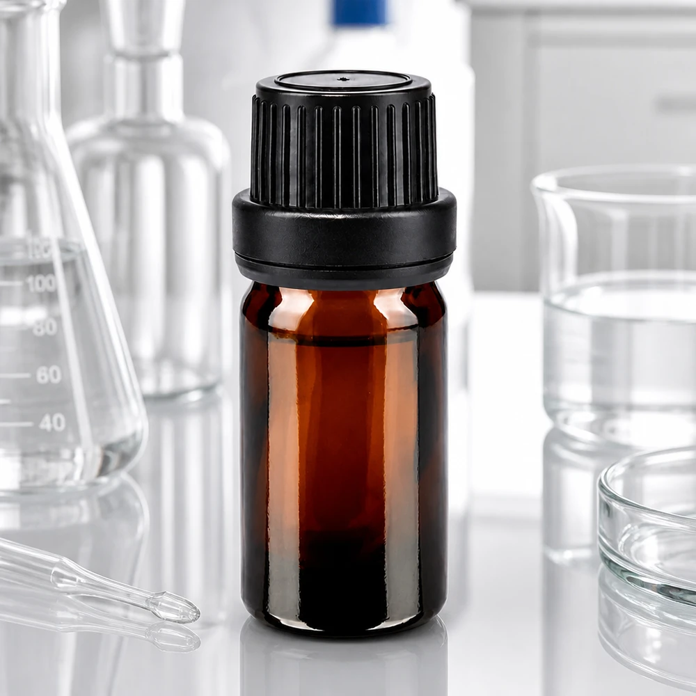 Brązowa szklana buteleczka o pojemności 5 ml z czarnym zakraplaczem o średnicy 11 mm, przeznaczona do zastosowań laboratoryjnych