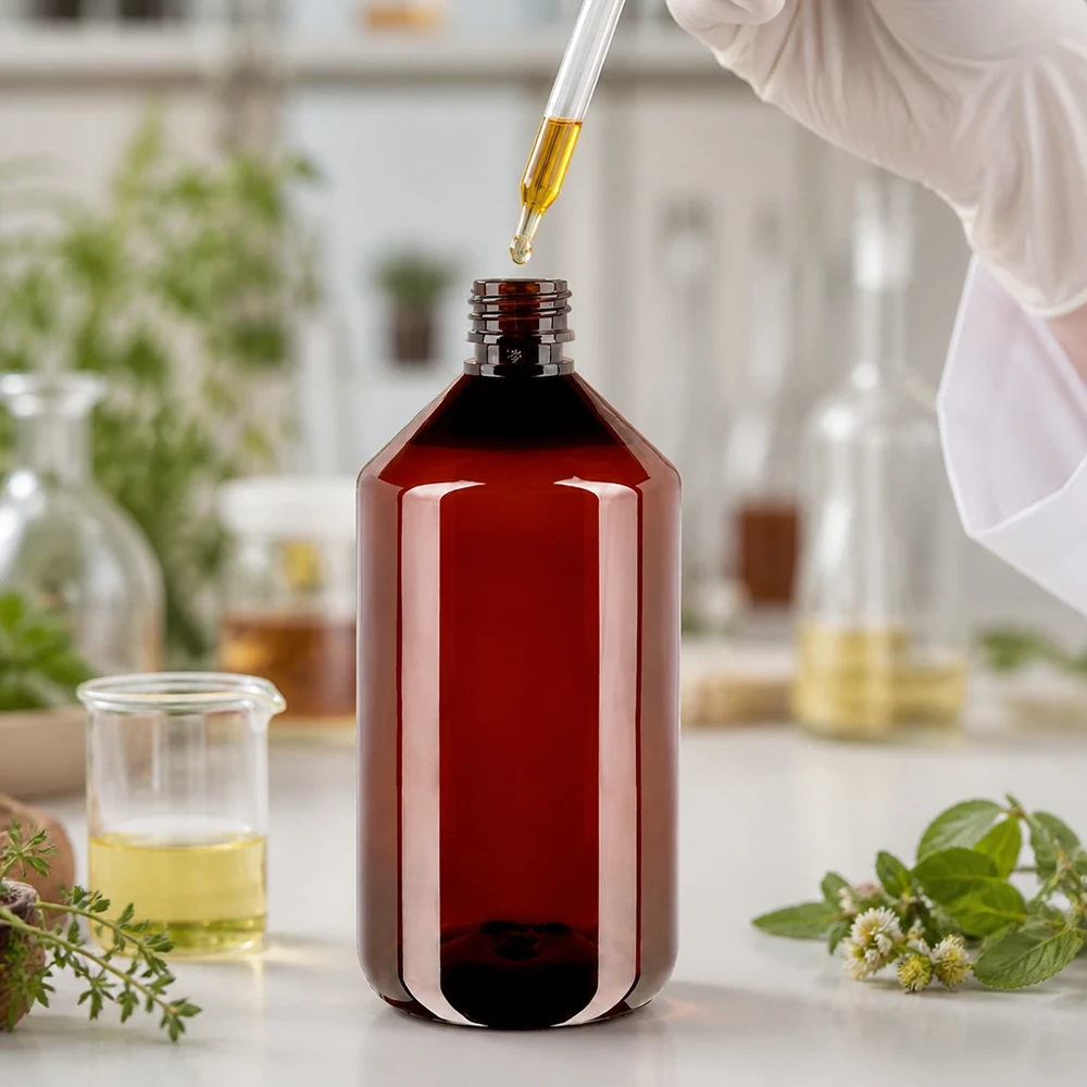 Butelka PET 750 ml z brązową nakrętką Standard Brązowa butelka PET o pojemności 750 ml z zakraplaczem, przeznaczona do stosowania w laboratorium do olejków eterycznych i ekstraktów naturalnych