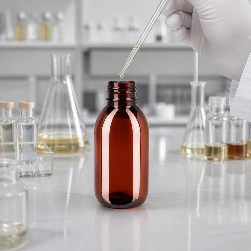 Robuste PET Rundflasche 250ml bernsteinfarben mit Originalitätsverschluss für Labor und Apotheke