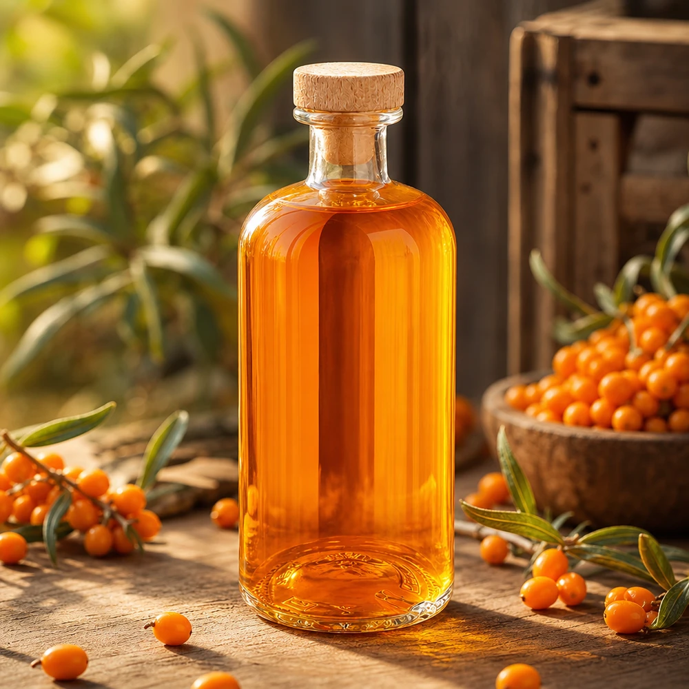 Butelka apteczna Flora 500 ml z drewnianym korkiem UNiTWIST® 500ml szklana butelka Flora z drewnianym korkiem pomarańczowy olej z rokitnika między jagodami rokitnika na drewnianym stole produkt naturalny