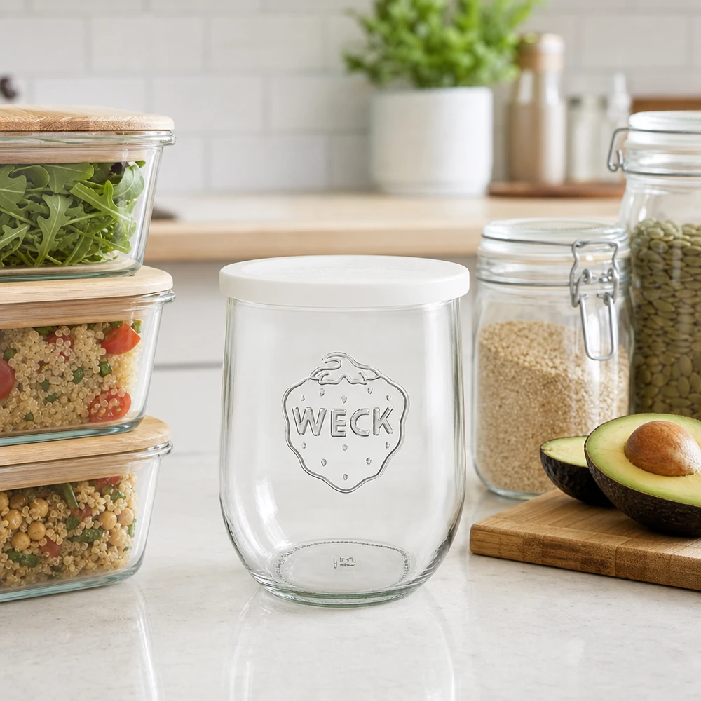 Słoik tulipan o pojemności 1062 ml z pokrywką WECK RR100 WECK Tulpenglas 1062ml RR100 auf Küchenarbeitsplatte zwischen Vorratsgläsern und Avocado als stilvolles Küchenzubehör