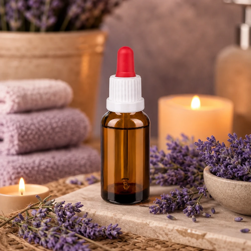 Butelka do leków płynnych 20 ml, biała/czerwona OV BrownLine UT18/20 Butelka z pipetą o pojemności 20 ml wykonana z wytrzymałego bursztynowego szkła z białą zakrętką i praktyczną czerwoną pipetą