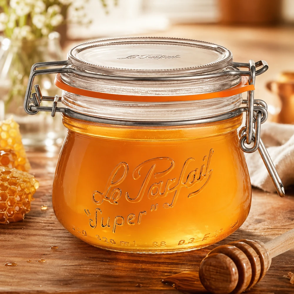 250ml Vorratsglas "Super" mit Bügelverschluss Le Parfait® 250 ml słoik Le Parfait Super z uchylną pokrywką wypełniony miodem na drewnianej desce z łyżką do miodu