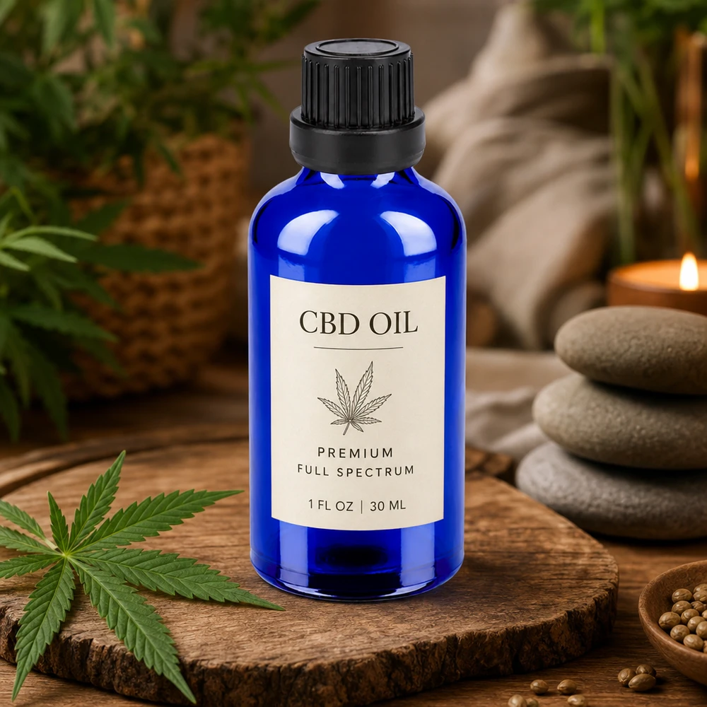 Wysokiej jakości butelka aptekarska o pojemności 50 ml wykonana z kobaltowego szkła z czarną zakrętką do oleju CBD i nalewek.