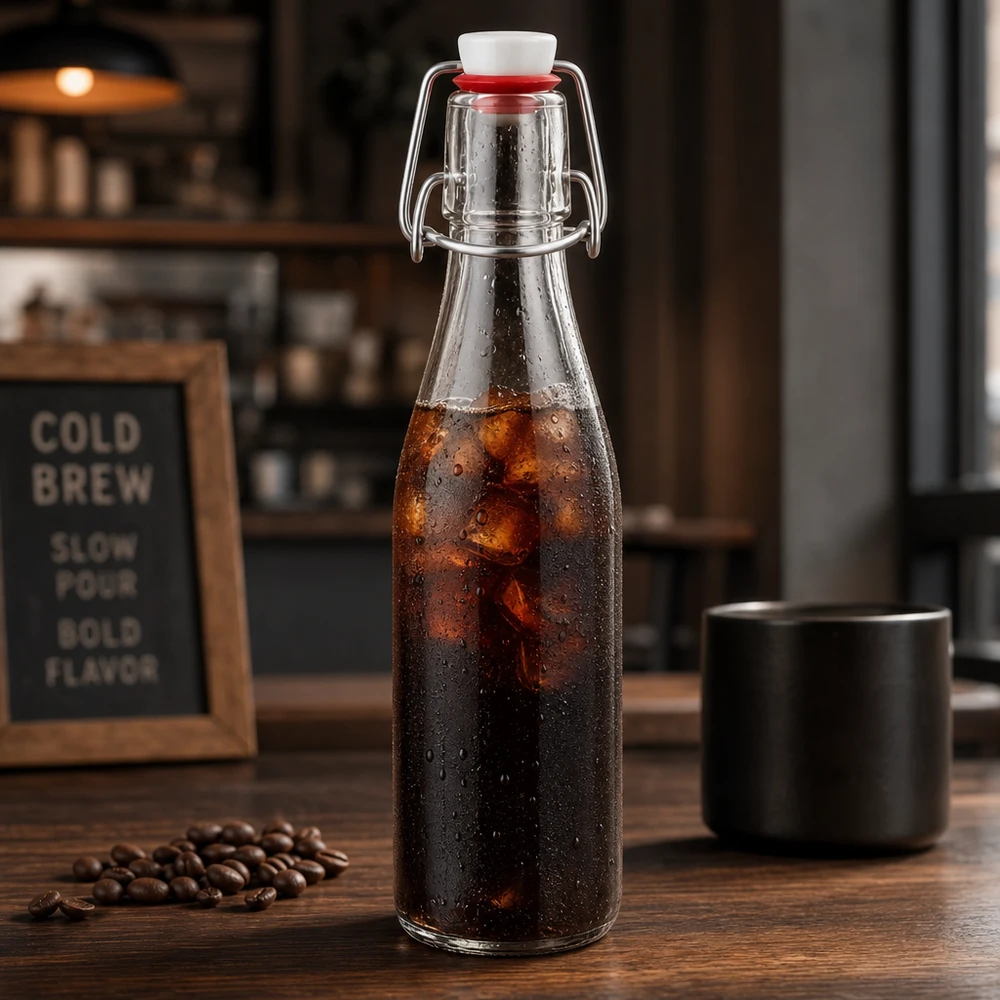 250ml Glasflasche mit Bügelverschluss für Cold Brew Kaffee, edle Vintage-Optik mit Kaffeebohnen und schwarzer Tasse
