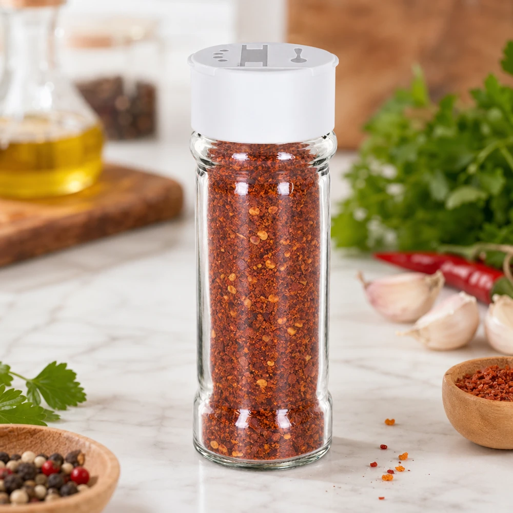 Słoik na sól/przyprawy 100 ml z podwójną dozownicą, biały Słoik na przyprawy o pojemności 100 ml, wypełniony płatkami chili, z białą podwójną pokrywką z dozownikiem, na marmurowej podstawce
