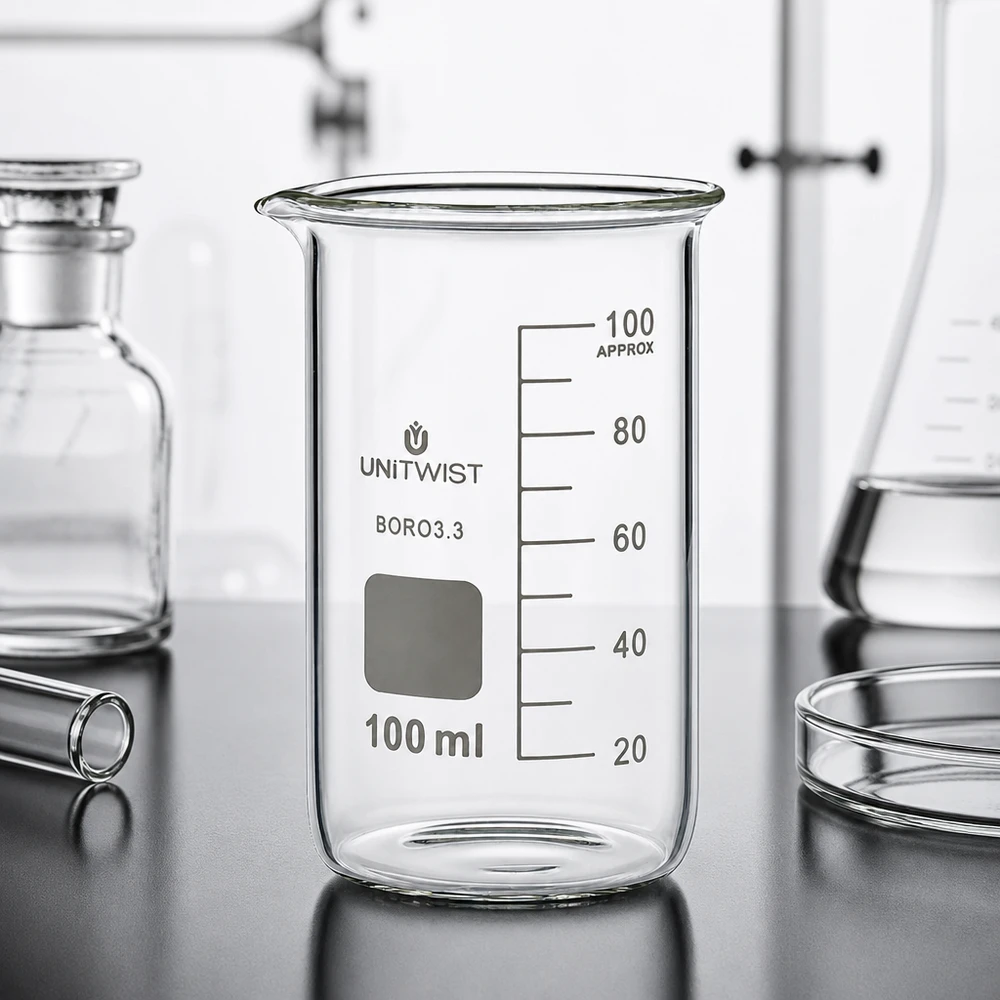 Szklanka UNITWIST o pojemności 100 ml, wysoka, z borokrzemianu 3.3, pusta, na stole laboratoryjnym wraz z przyrządami laboratoryjnymi