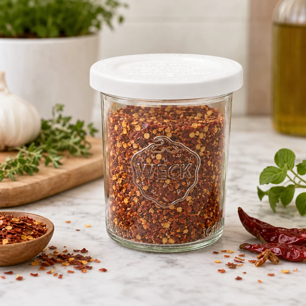 Szklanka o pojemności 160 ml z pokrywką zachowującą świeżość WECK RR60 WECK 160ml Sturzglas RR60 mit Chili-Gewürzmischung gefüllt als Gewürzdose in moderner Küche mit Kräutern