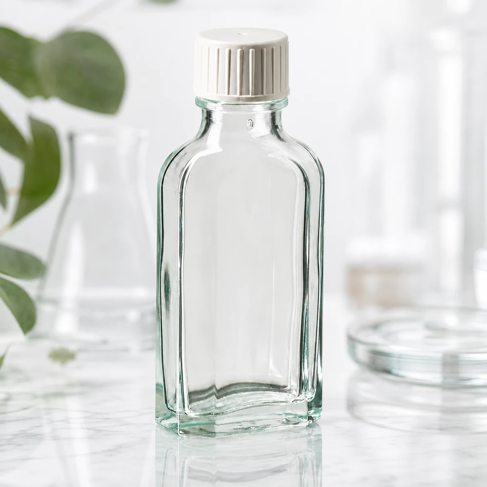 Butelka Meplat o pojemności 50 ml, wykonana z przezroczystego szkła, z białym zakrętkiem i pierścieniem do nalewania