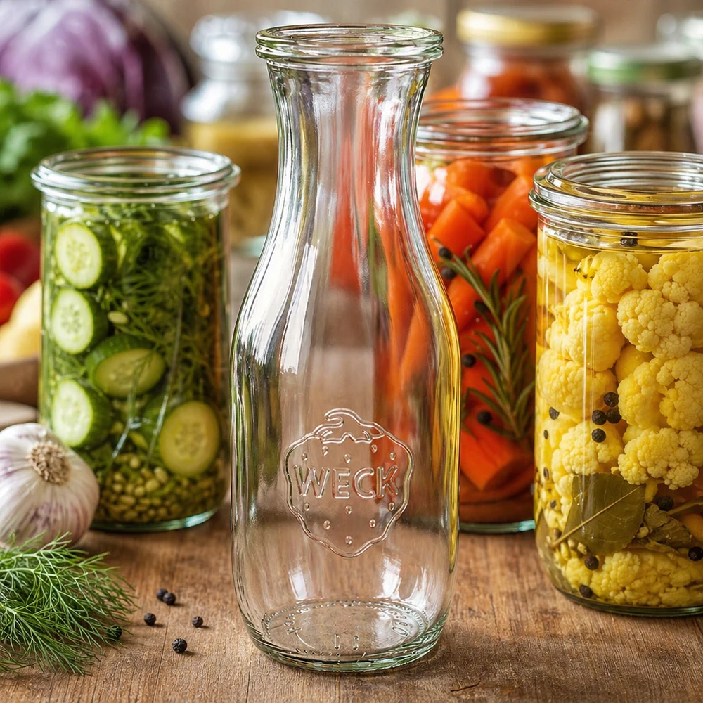 Butelka na sok o pojemności 1062 ml z szklaną pokrywką WECK RR60 Szklana butelka WECK 1062ml pusta z logo obok kolorowych słoików z warzywami i przyprawami na drewnianym stole