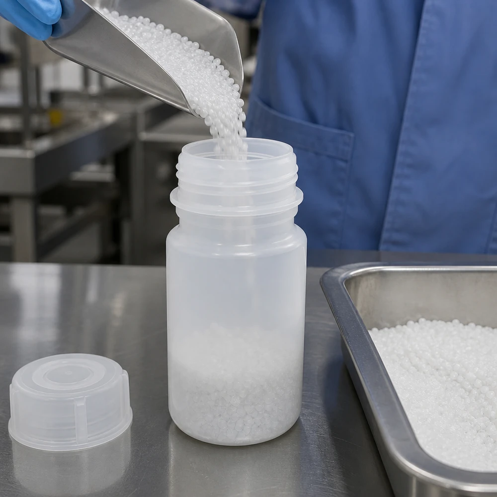 Butelka laboratoryjna 50 ml z szeroką szyjką i zakrętką Butelka laboratoryjna o szerokiej szyjce o pojemności 50 ml, wykonana z HDPE, z zakrętką, przeznaczona do napełniania granulatem tworzywa sztucznego
