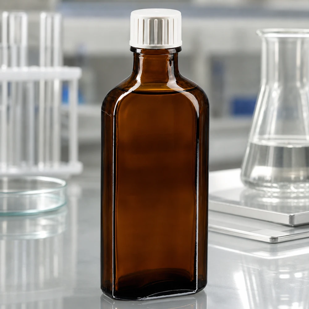 Butelka apteczna chroniąca przed światłem, 100 ml, Meplat, brązowa, z białym zamknięciem zabezpieczającym przed dziećmi i pierścieniem do nalewania