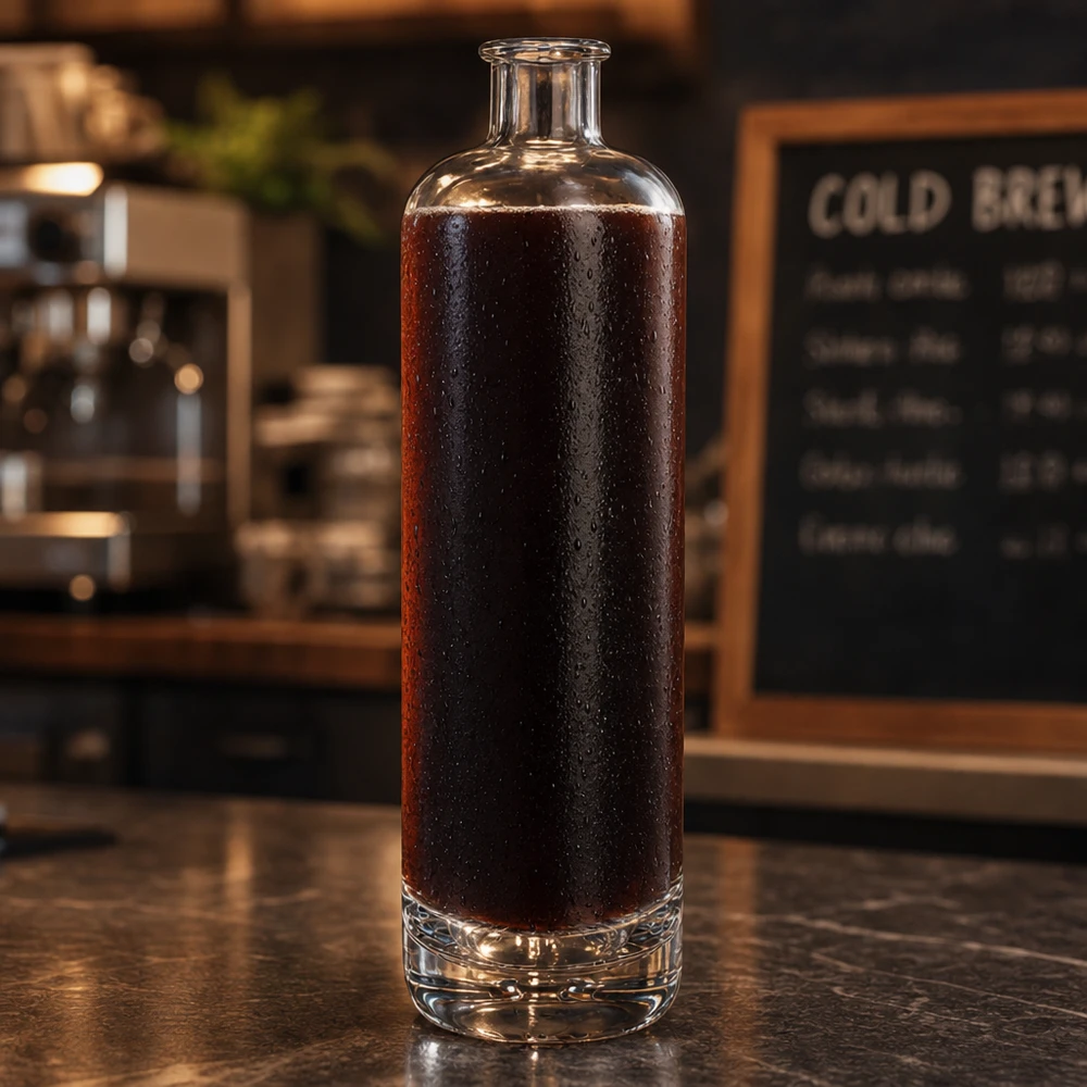700 ml szklana butelka Ella UNiTWIST wypełniona kawą parzoną na zimno na ciemnej ladzie kawiarni z tablicą menu w tle