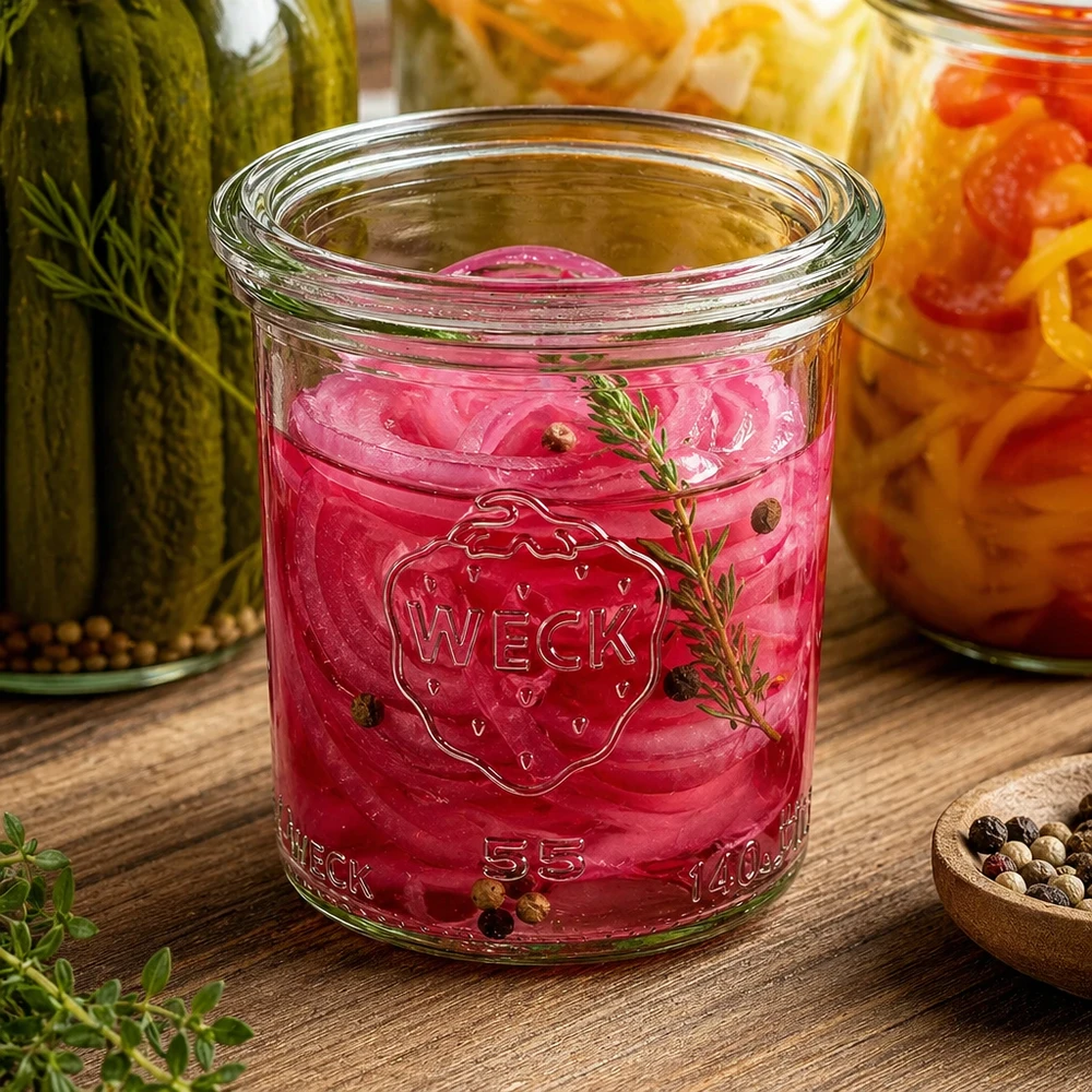 Słoik WECK 140 ml z pokrywką szklaną RR60 | Najwyższa jakość WECK Sturzglas 140ml RR60 mit eingelegten roten Zwiebeln Kräutern Pfefferkörnern neben anderen Einmachgläsern