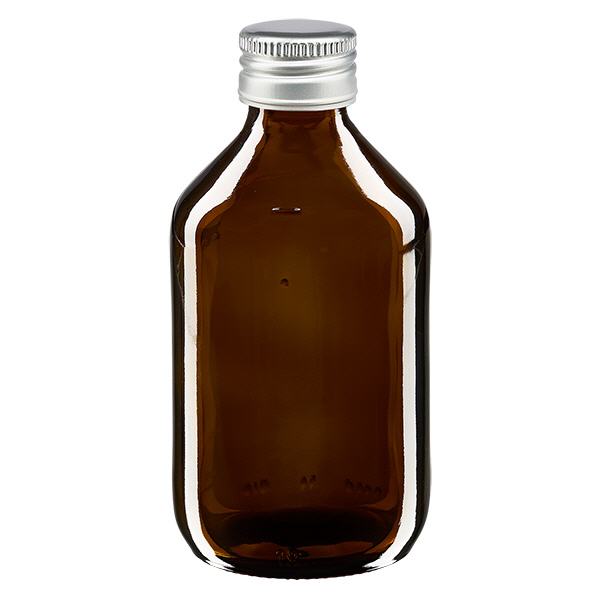 Butelka na lek 250 ml br&#261;zowa, z zakr&#281;tk&#261; ze srebrnego aluminium ApoGlas. Farmaceutyczna jako&#347;&#263; produkcji UE. Gwint 28 mm (PP28). (syrop, butelka z lekkiego szk&#322;a)