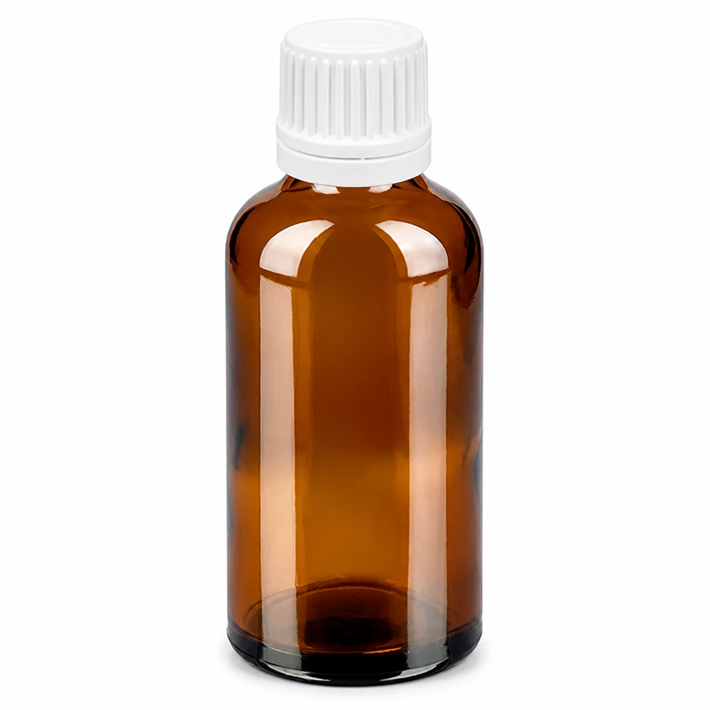 Butelka z kroplomierzem 50 ml 0,7 mm biały OV BrownLine UT18/50 Butelka z zakraplaczem o pojemności 50 ml w kolorze brązowym z białą nakrętką i otworem dozującym 0,7 mm dla precyzyjnej aplikacji.