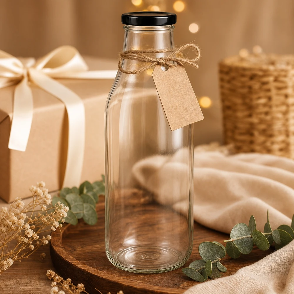 Butelka szklana 1000 ml + pokrywka BasicSeal czarna UNiTWIST. Całkowicie szczelna z dużą pokrywką TO48. Do mleka, soków i lemoniady. Szklana butelka o pojemności 1000 ml z czarną pokrywką jako prezent ozdobiony wstążką z rafii i papierową przywieszką.