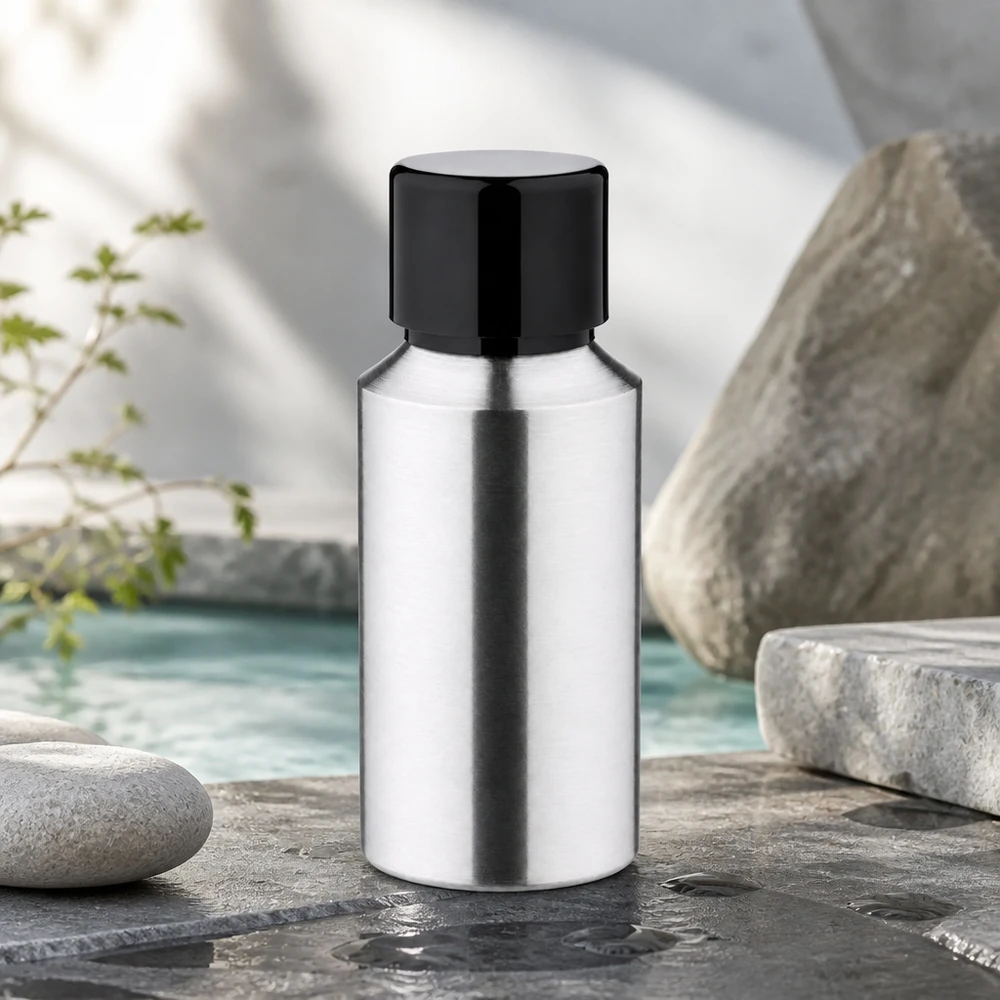 Butelka z polerowanego aluminium o pojemności 30 ml z zakrętką Elegancka aluminiowa butelka o pojemności 30 ml z błyszczącą powierzchnią i czarną nakrętką zapewnia profesjonalną prezentację.