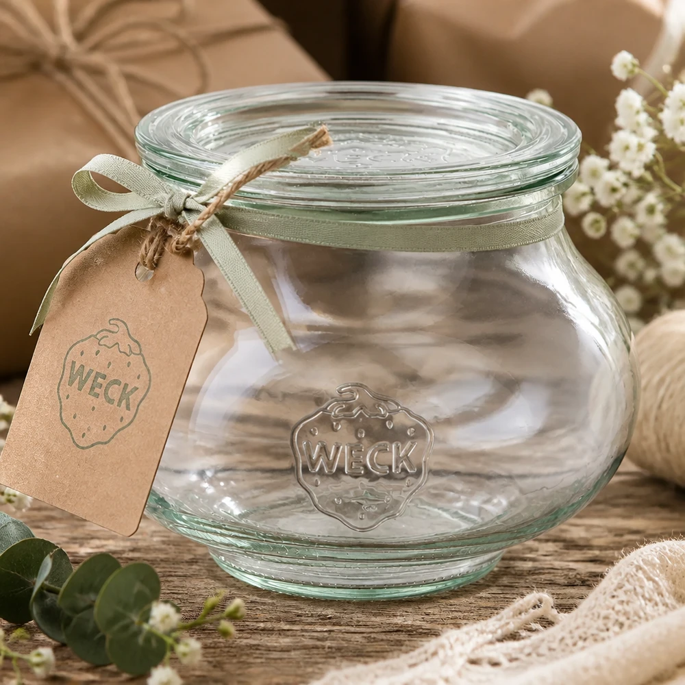 Szklany słoik ozdobny o pojemności 560 ml z szklaną pokrywką WECK RR80 Słoik na biżuterię WECK 560ml z zieloną satynową wstążką i zawieszką na drewnianym stole ozdobionym kwiatami i koronką