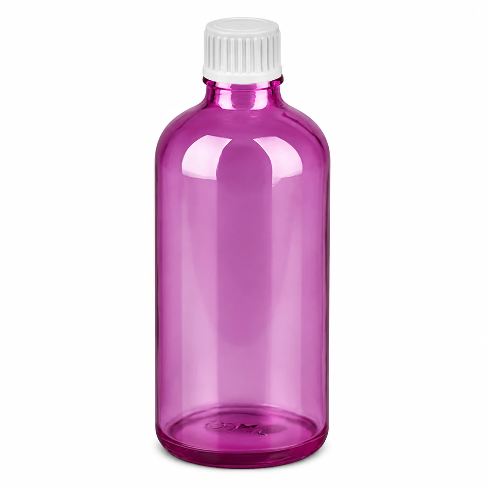 Butelka z zakraplaczem 100 ml 0,9 mm biały standard PurpleLine UT18/100 Butelka z zakraplaczem o pojemności 100 ml, przezroczysta, fioletowa z białą zakrętką i zakraplaczem 0,9 mm