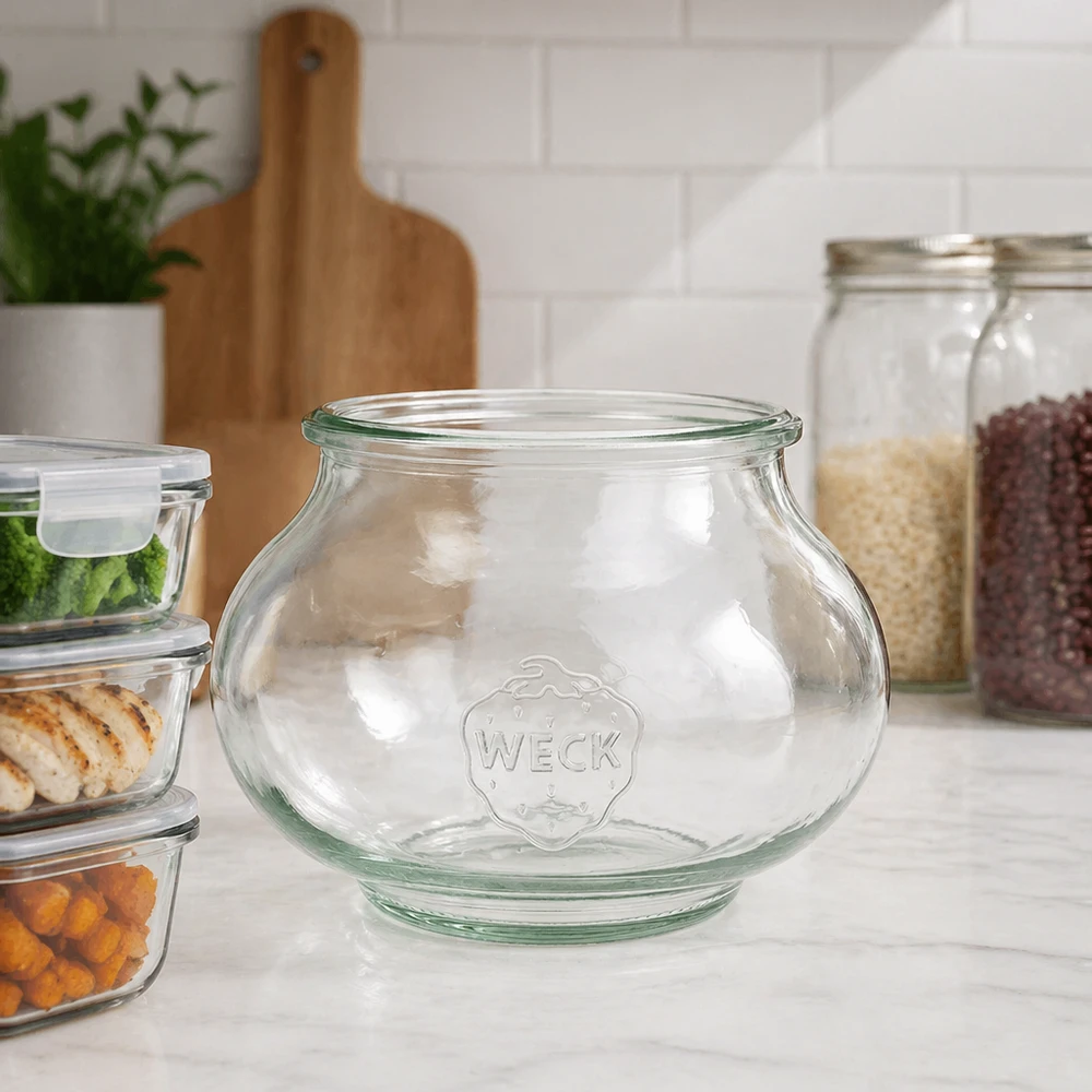 Szklany słoik dekoracyjny WECK RR80 o pojemności 560 ml Słoik na biżuterię WECK 560ml RR80 w nowoczesnej kuchni między słoikami do przechowywania i szklanymi słoikami na białym blacie kuchennym