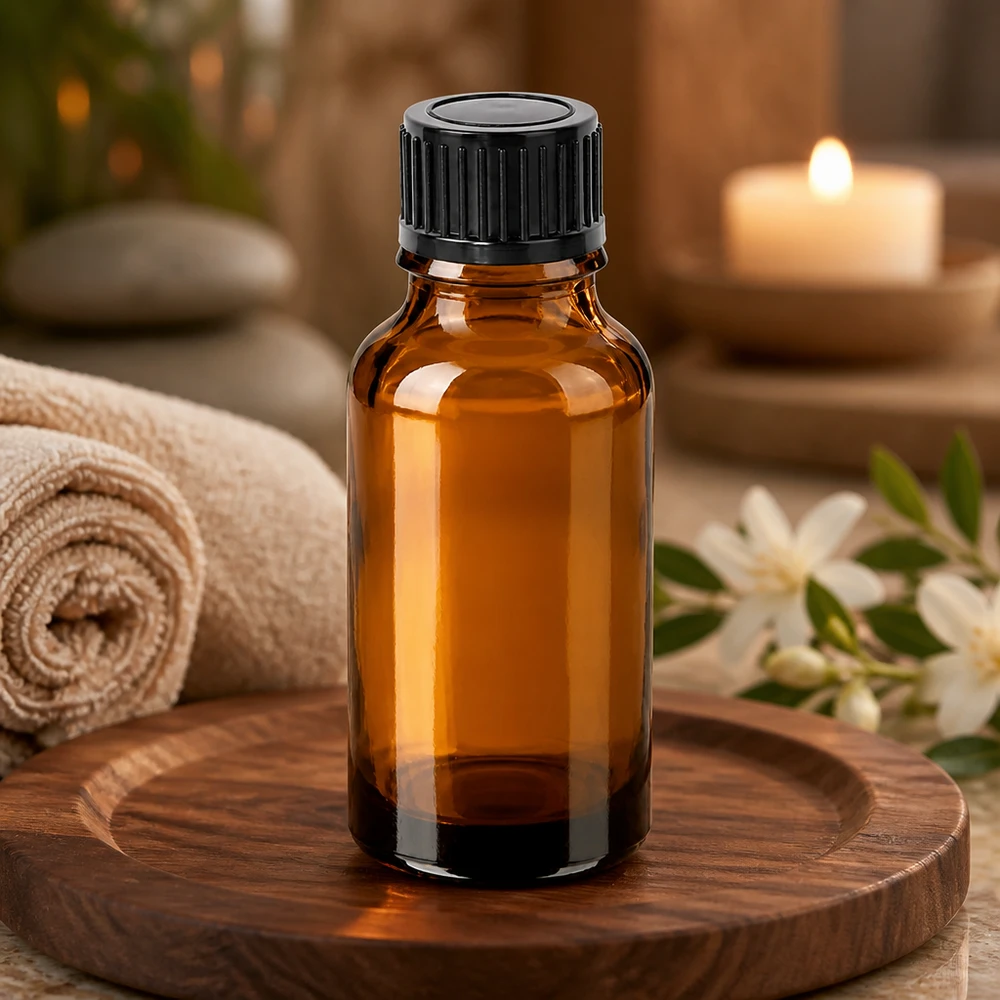 Kompaktowa szklana butelka BrownLine o pojemności 20 ml z solidną czarną zakrętką do aromaterapii