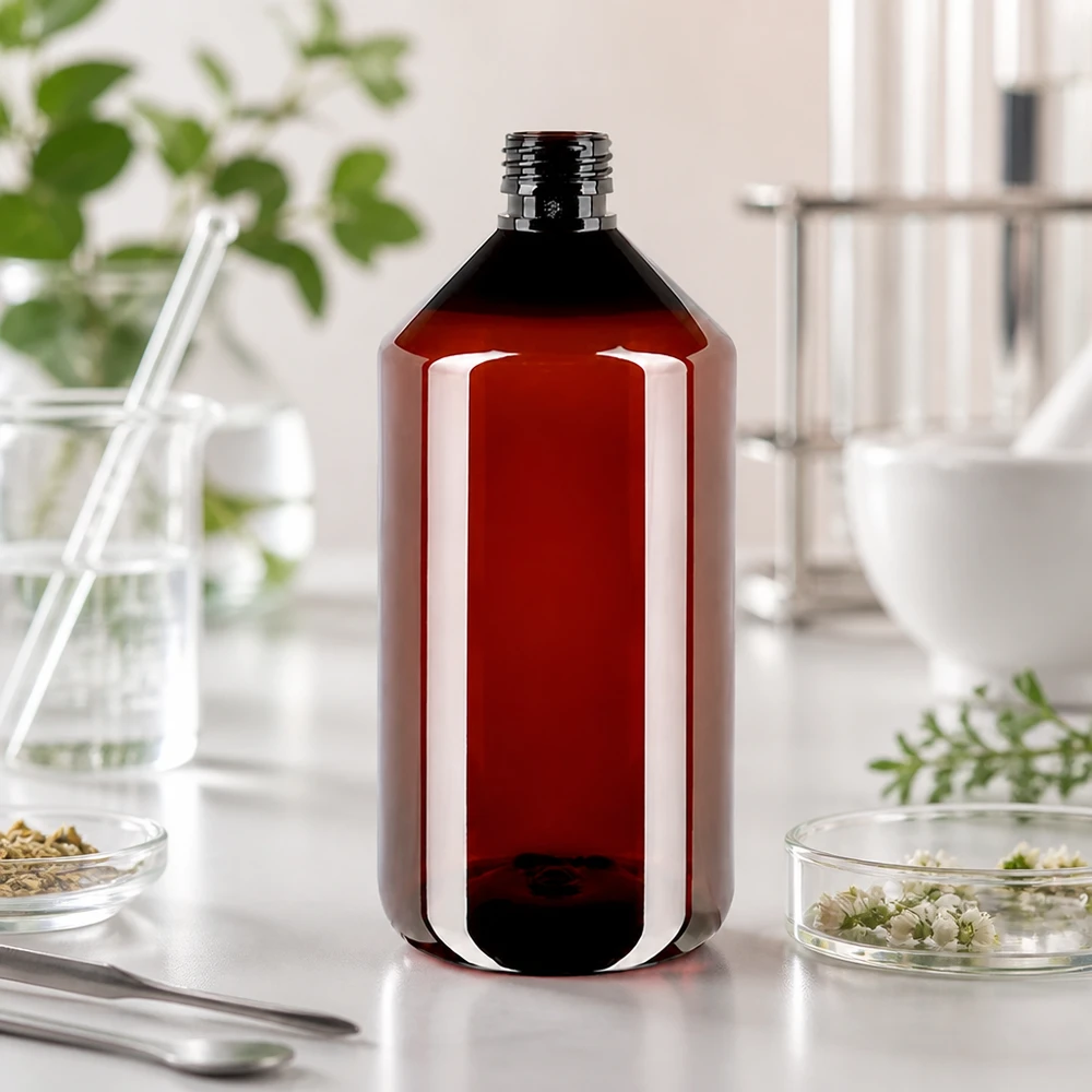Brązowa okrągła butelka PET o pojemności 750 ml, typ PP28, bez nakrętki, obok pietruszki i kwiatów rumianku