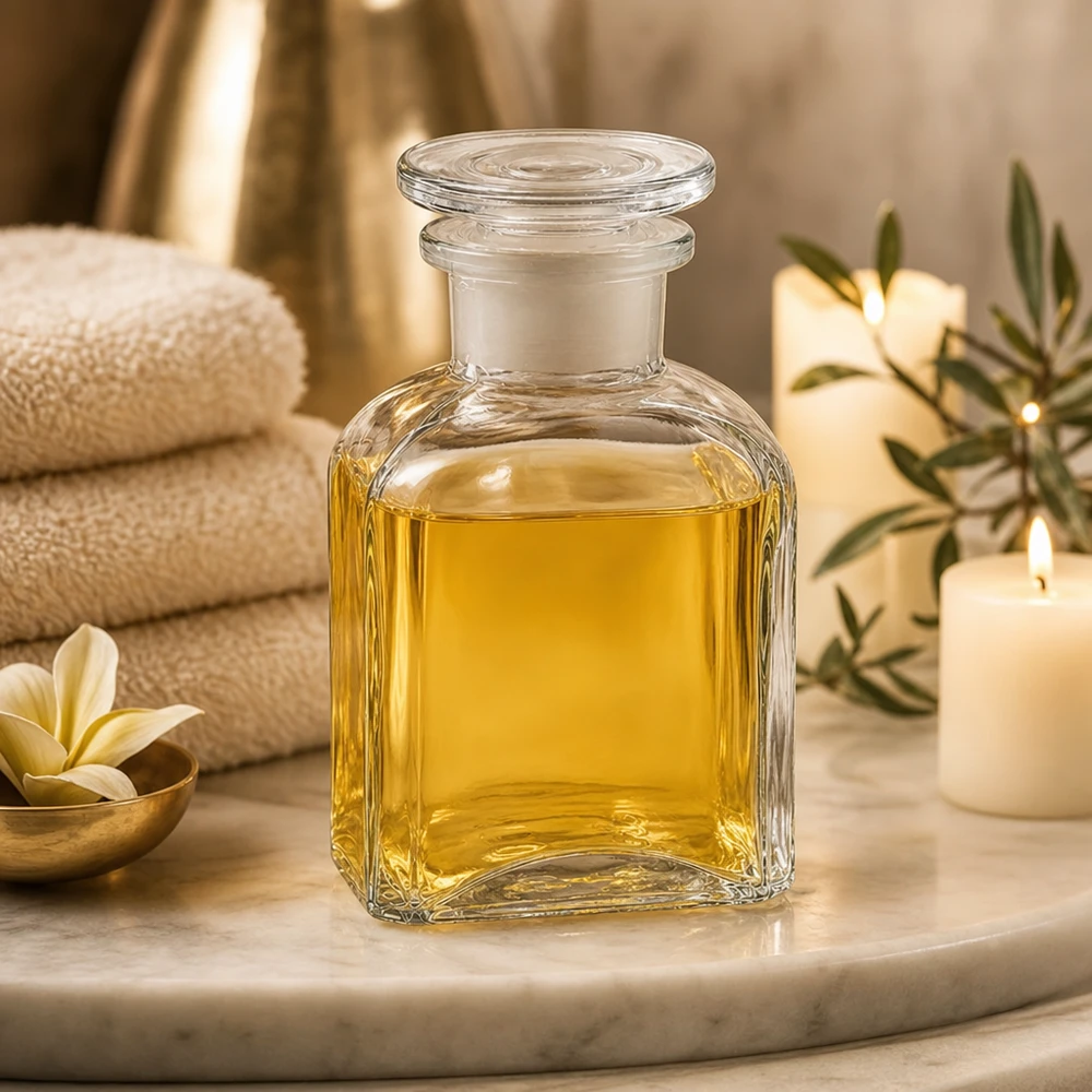 Kwadratowa butelka 150 ml z przezroczystym szklanym korkiem z szeroką szyjką Przezroczysta butelka kwadratowa o pojemności 150 ml z szeroką szyjką i szklanym korkiem, przeznaczona do olejków do masażu i aromaterapii