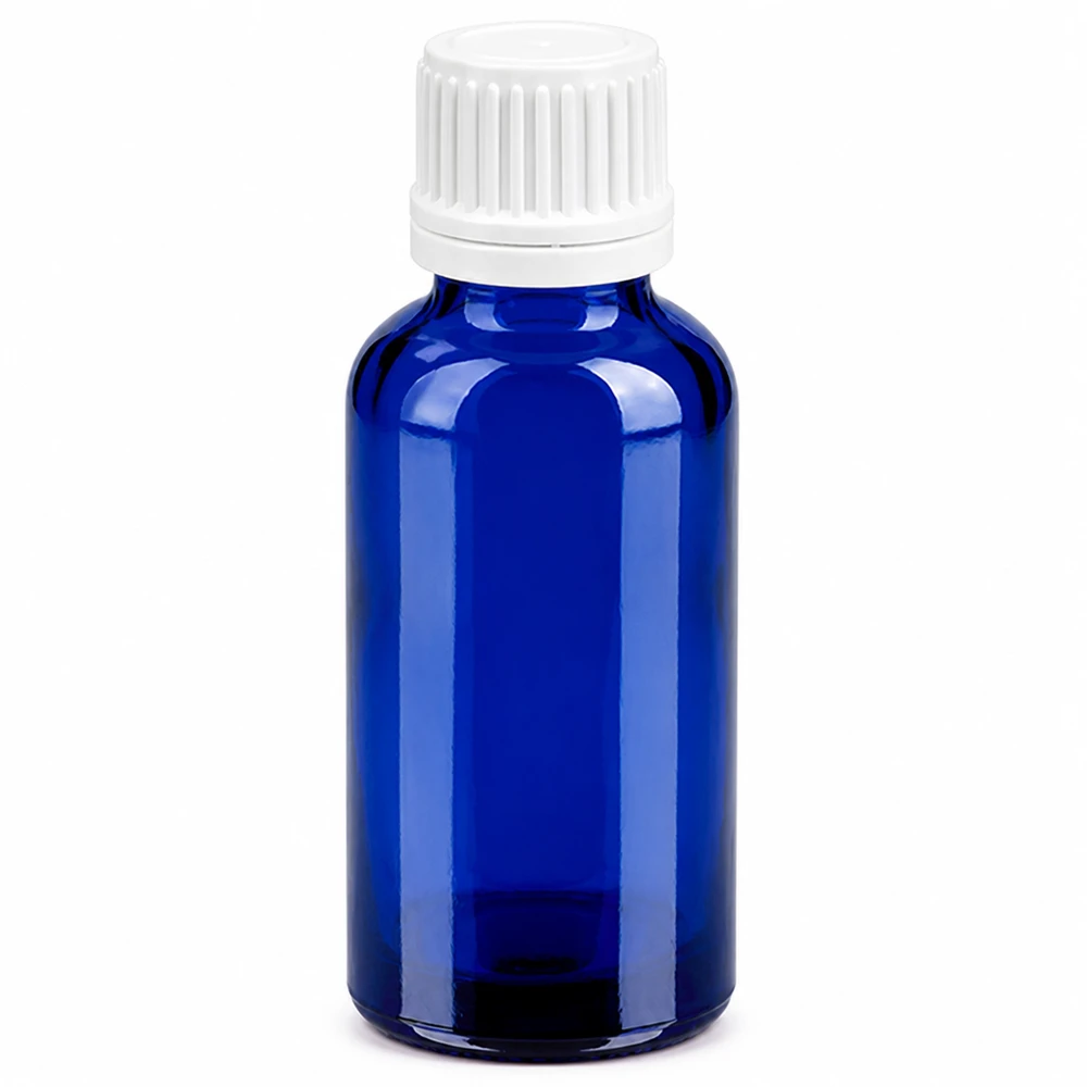 Butelka 30 ml 11 mm SV biała OV BlueLine UT18/30 30 ml niebieska szklana butelka z białą zakrętką do aplikacji kroplowych