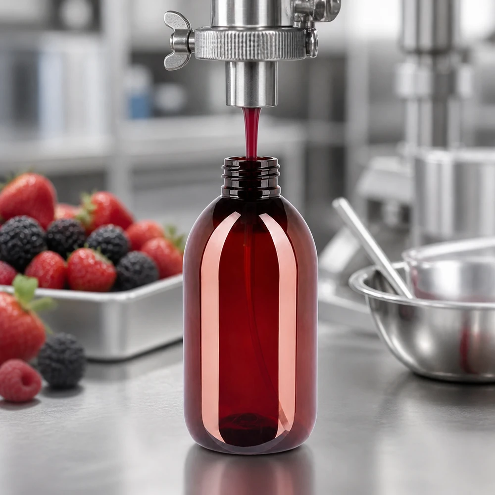 Butelka PET 250ml z atomizerem biała Industrielle Abfüllmaschine füllt bernsteinfarbene 250ml PET Flasche mit Fruchtextrakt