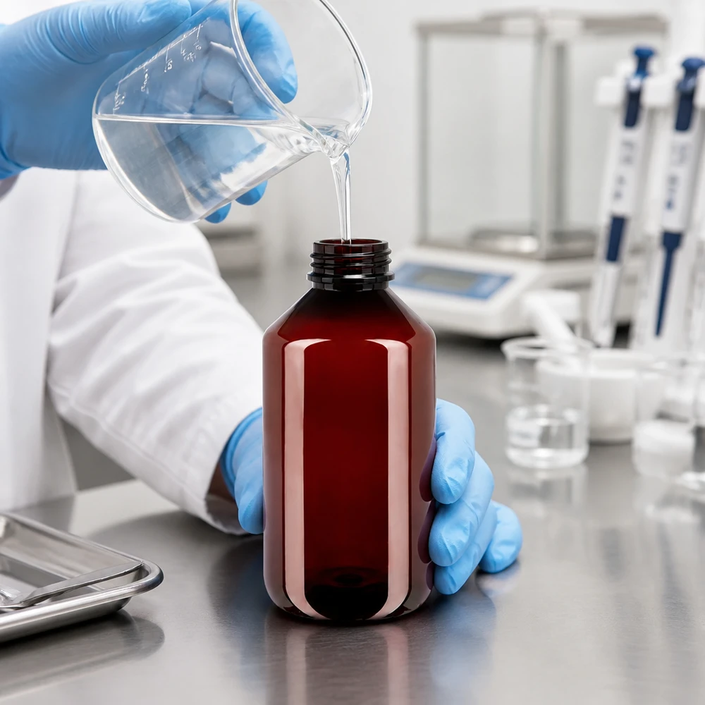 Butelka PET 500 ml z białym standardem OV W laboratorium chemik napełnia brązową butelkę PET o pojemności 500 ml przezroczystym płynem
