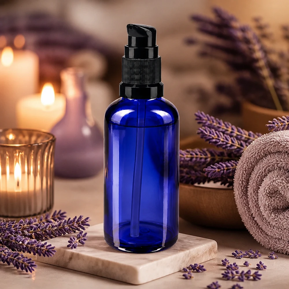 Butelka apteczna niebieska 50ml zakrętka z pompką czarna St Niebieska butelka z pompką o pojemności 50 ml, wykonana ze szkła aptecznego, z czarną głowicą pompki, stojąca na marmurowej podstawce