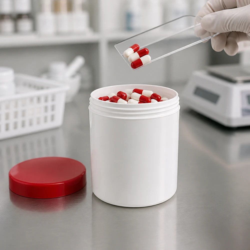 Słoiczek na maść o pojemności 10 g, wykonany z białego tworzywa PP, z czerwoną zakrętką, przeznaczony do napełniania preparatów farmaceutycznych