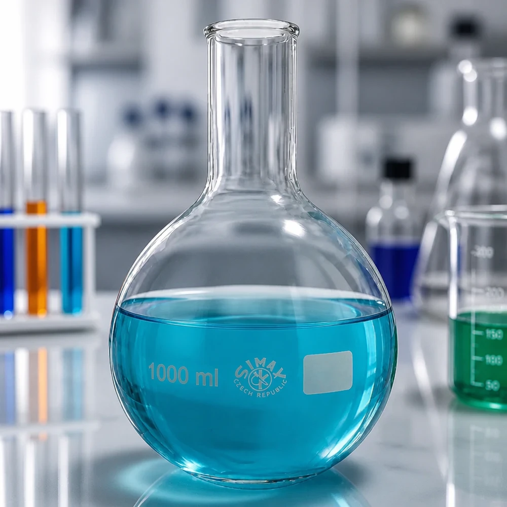 Kolba stojąca 1000 ml z wąską szyjką Kolba stojąca 1000 ml z wąską szyjką i niebieskim płynem w profesjonalnym środowisku laboratoryjnym