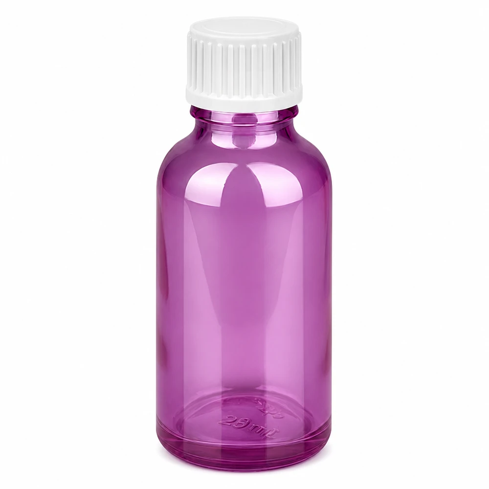 30 ml szklana butelka w kolorze jasnofioletowym z białą zakrętką na olejki eteryczne