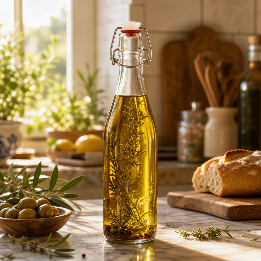 500ml szklana butelka z huśtawką wypełniona olejem ziołowym rozmaryn kuchnia śródziemnomorska przechowywanie oleju przyprawowego