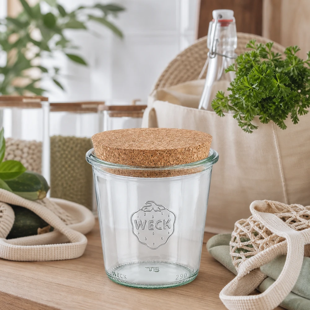 Kubki WECK 290ml RR80 z naturalnym korkiem w zrównoważonej kuchni bezodpadowej między butelkami wielokrotnego użytku i torbami materiałowymi