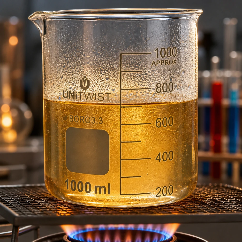 Zlewka 1000 ml borokrzemianowa, niski kształt UNiTWIST Szklanka UNiTWIST o pojemności 1000 ml, wykonana ze szkła borokrzemowego, umieszczona na palniku gazowym, zawierająca złocistożółtą ciecz do poziomu 600 ml