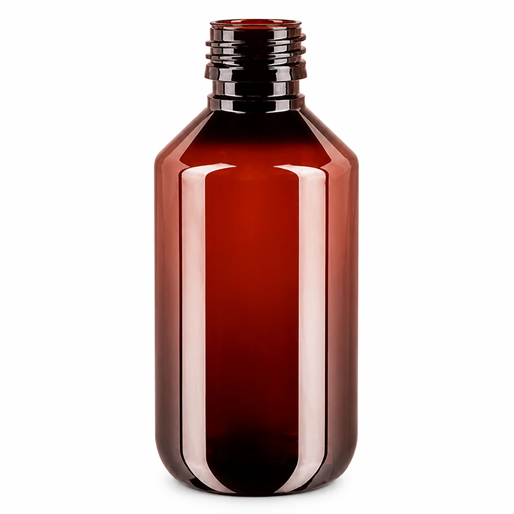 Butelka PET o pojemności 200 ml, w kolorze bursztynowo-brązowym, z gwintem PP28, bez nakrętki, przeznaczona dla branży farmaceutycznej i kosmetycznej