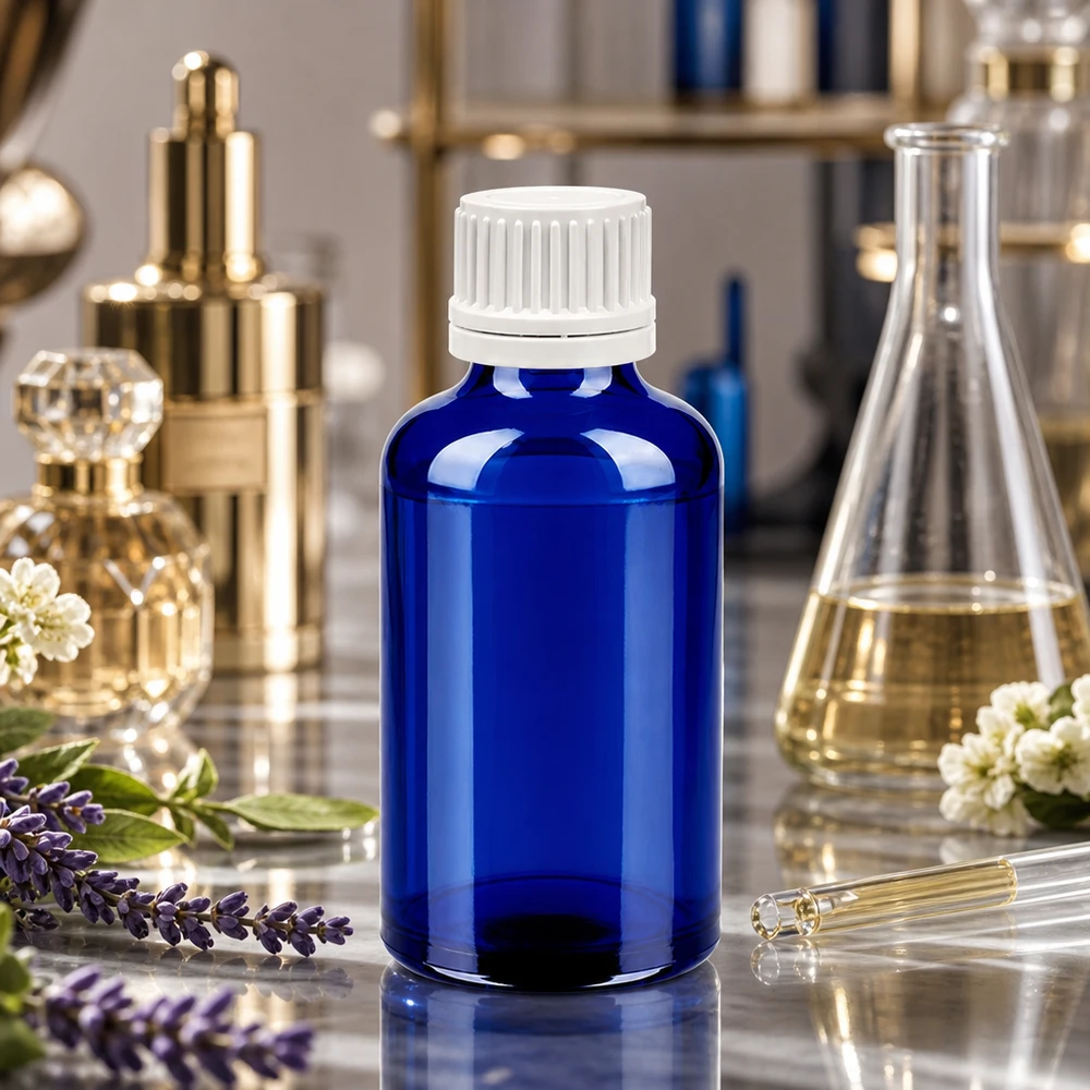 Butelka z zakraplaczem 50 ml 0,7 mm biały OV BlueLine UT18/50 50 ml niebieska szklana butelka z zakraplaczem i białą zakrętką do profesjonalnych zastosowań w aromaterapii