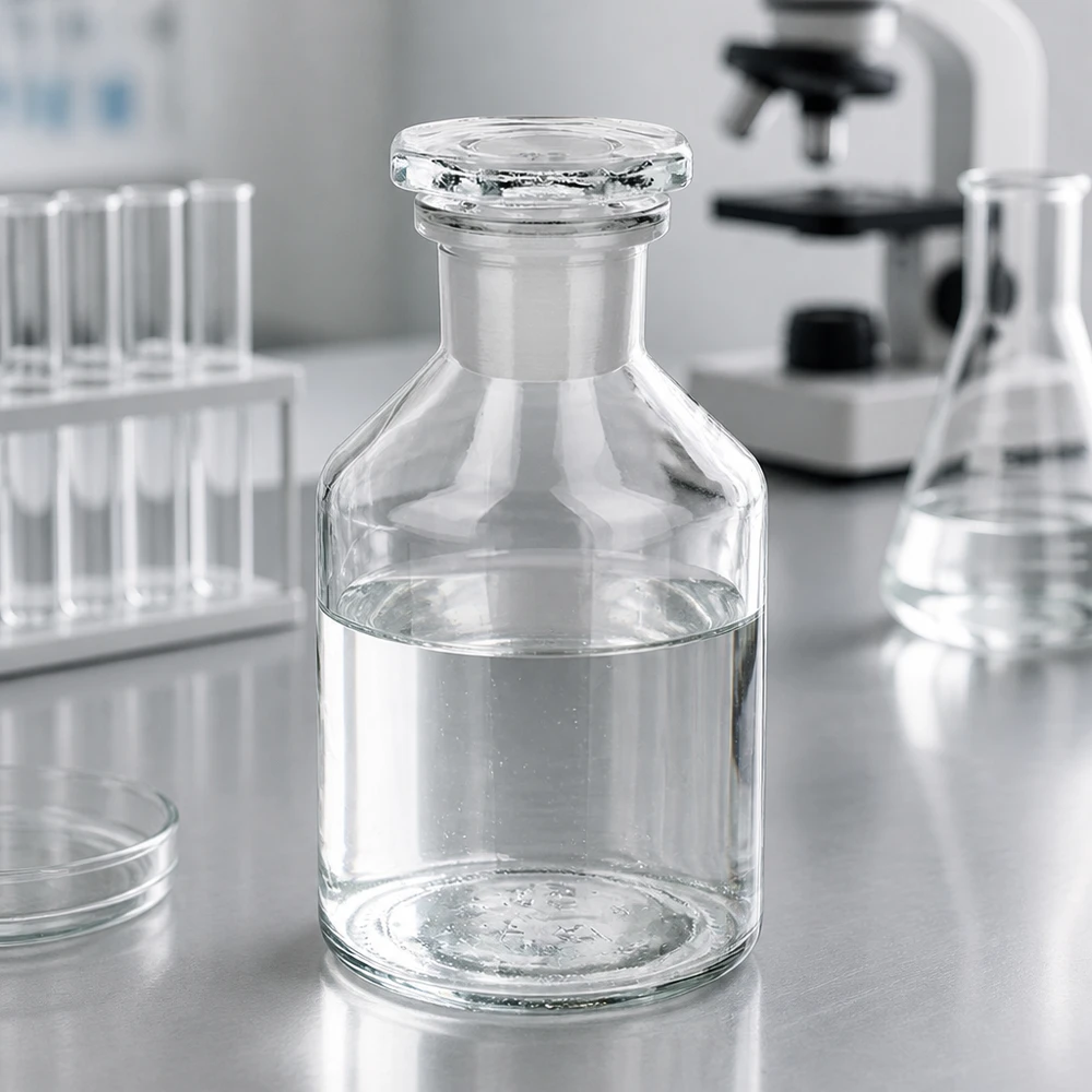 Butelka z wąską szyjką i przezroczystym korkiem o pojemności 50 ml Mała butelka laboratoryjna o pojemności 50 ml z wąską szyjką i szlifowanym korkiem, umieszczona na stole ze stali nierdzewnej