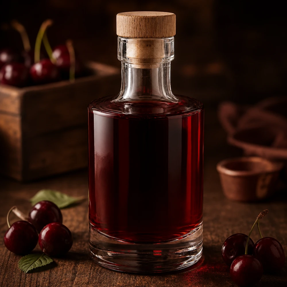 Butelka szklana 200 ml Marie z drewnianym korkiem UNiTWIST® Szklana butelka Marie o pojemności 200 ml z ciemnoczerwonym likierem wiśniowym, drewnianym korkiem, ozdobiona świeżymi wiśniami na drewnianej podstawie.