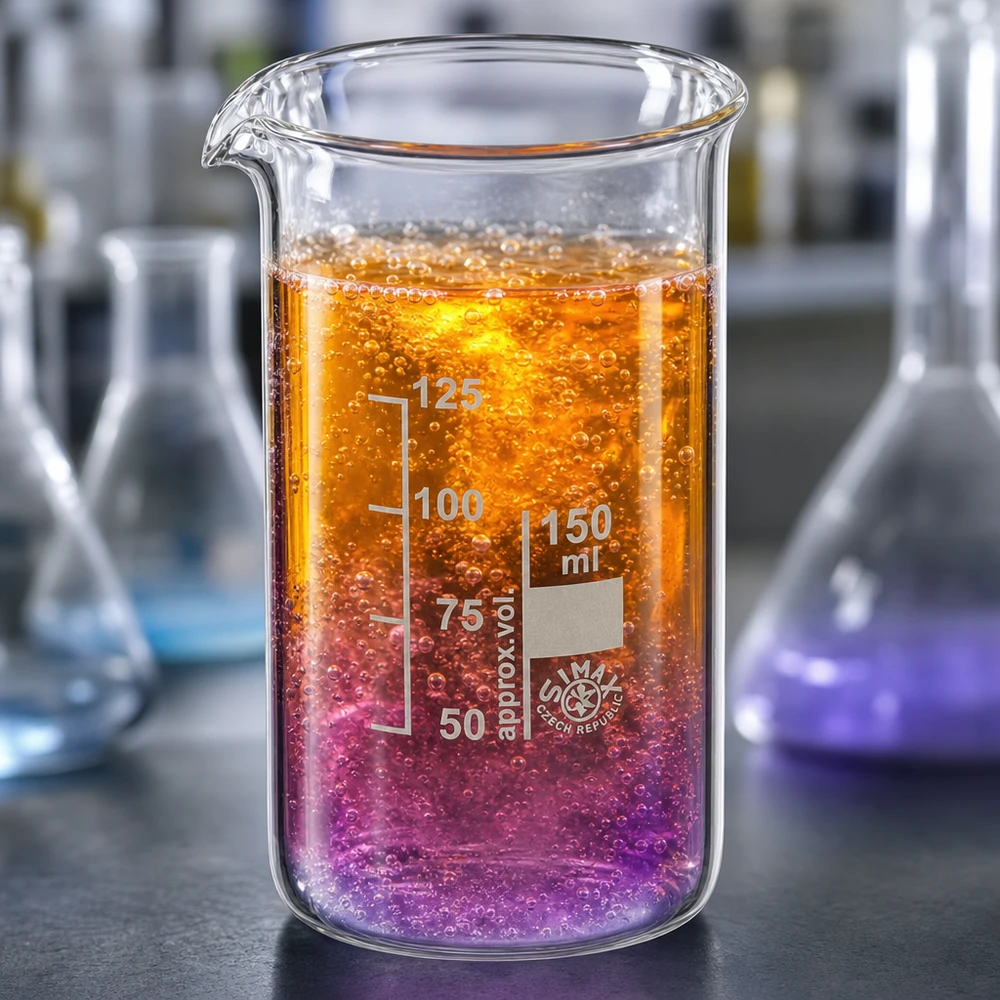 Zlewka 150 ml ze szkła borokrzemowego, wysoka Szklanka o pojemności 150 ml, wysoka, z pomarańczowym i fioletowym płynem reakcyjnym w laboratorium
