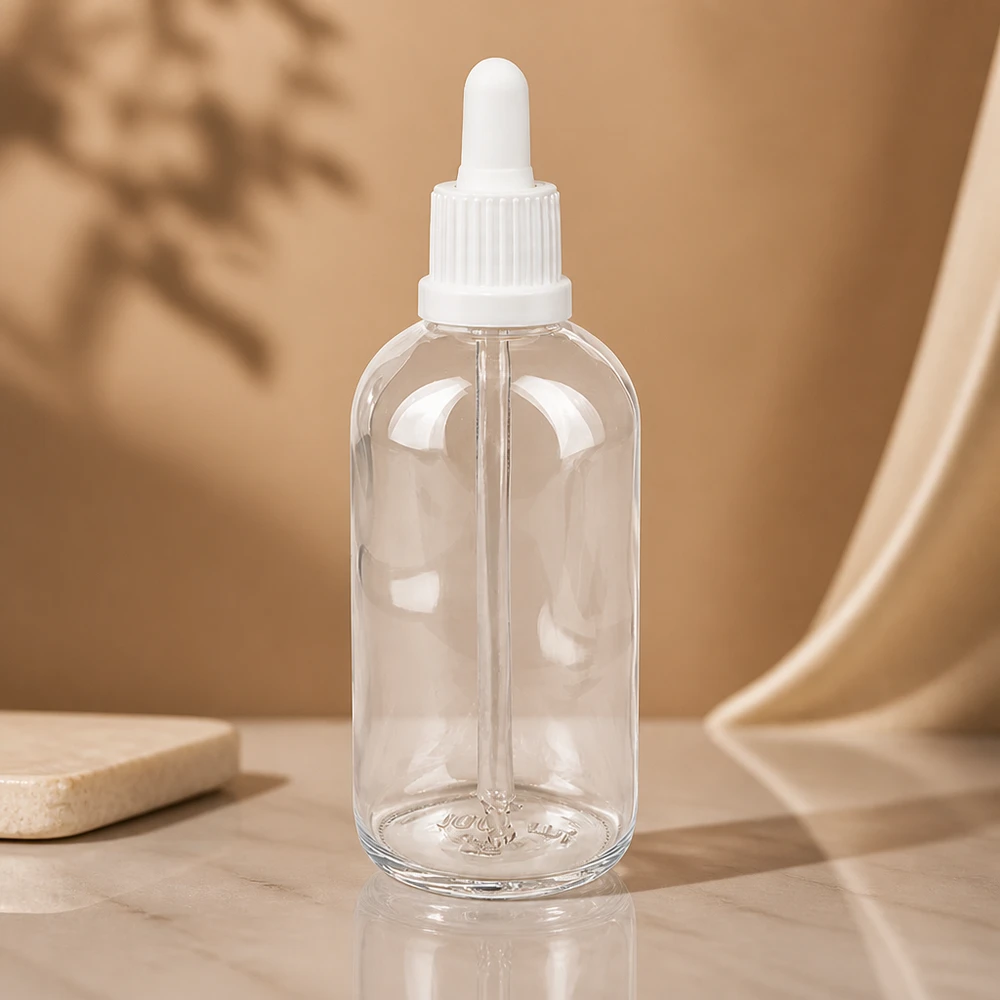 Butelka ClearLine o pojemności 100 ml z białą nasadką z pipetą OV UT18 do serum i kosmetyków