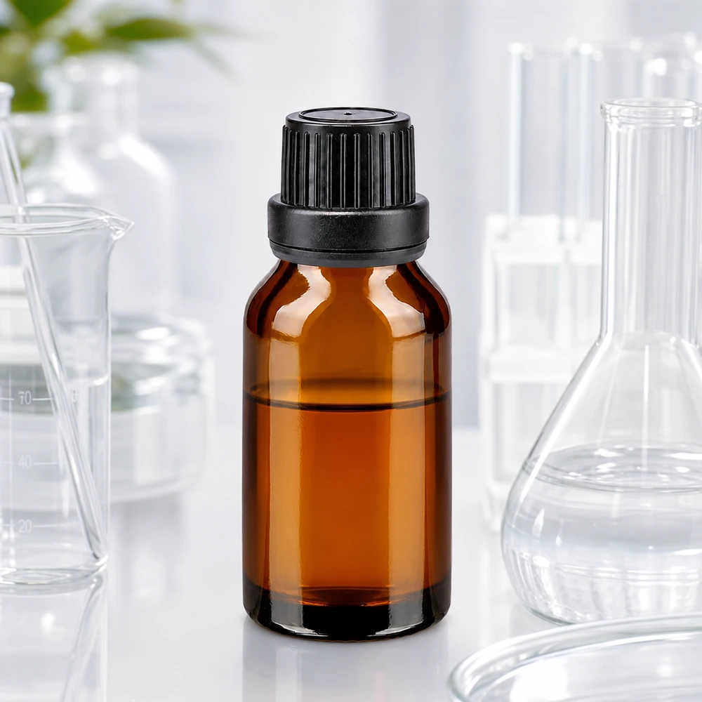 Brązowa butelka szklana o pojemności 15 ml z zakrętką zabezpieczoną przed dziećmi i oryginalną uszczelką, przeznaczona do zastosowań laboratoryjnych